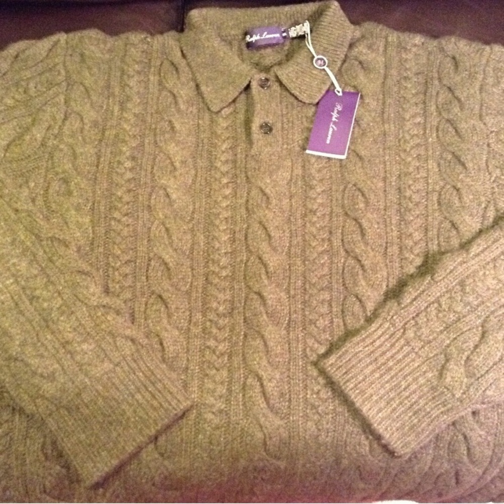 Ralph Lauren Purple Label Cable-Knit Olive Green Luxury Cashmere Polo Sweater - Picture 3 of 16
